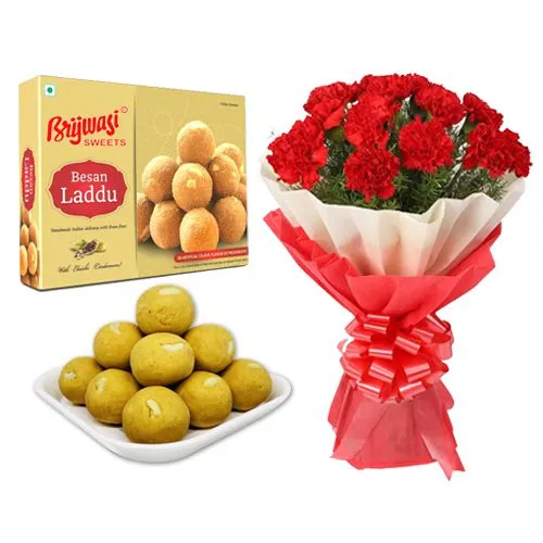 Besan Laddu from Brijwasi Sweets with Red Carnation Bouquet