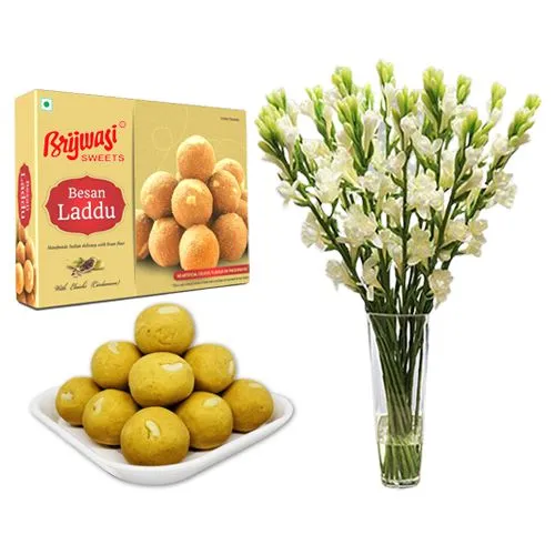 Besan Laddu from Brijwasi Sweets with Rajnigandha Stems