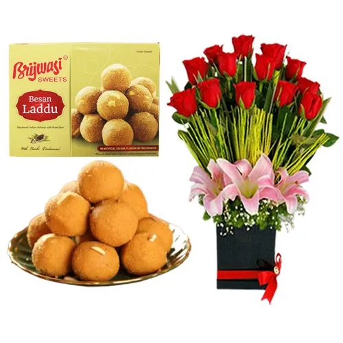 Besan Laddu from Brijwasi Sweets with Designer Flower Arrangement