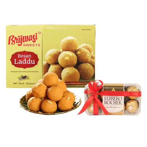 Besan Laddu from Brijwasi Sweets with Ferrero Rocher