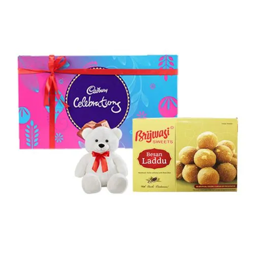 Besan Laddu from Brijwasi Sweets with Teddy N Cadbury Celebration