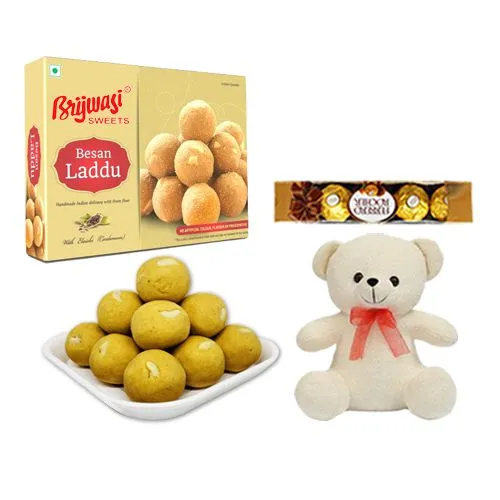 Besan Laddu from Brijwasi Sweets with Teddy N Ferrero Rocher