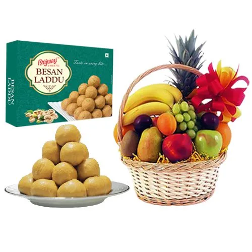 Besan Laddu from Brijwasi Sweets with Fresh Fruit Basket