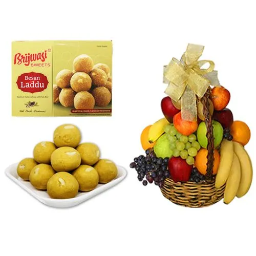 Besan Laddu from Brijwasi Sweets with Fresh Fruit Basket