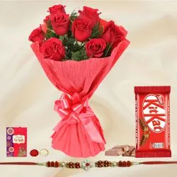 Fabulous Combo of Rakhi with Red Roses n Nestle Chocolates