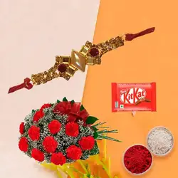 Rakhi with 12 Red Carnations and  Kitkat