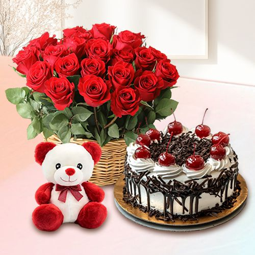 Red Roses with Black Forest Cake N Teddy
