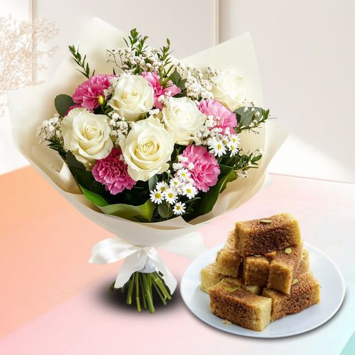 Send Mixed Flowers Bouquet with Anand Bhawan Milk Cake
