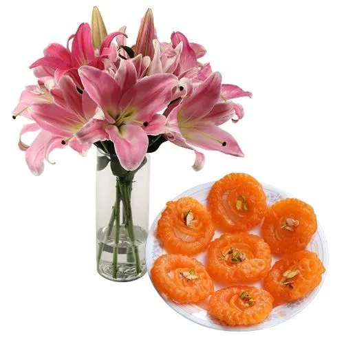 Bright Oriental Lily in Glass Vase with Mini Jangiri from Ananda Bhawan Chennai