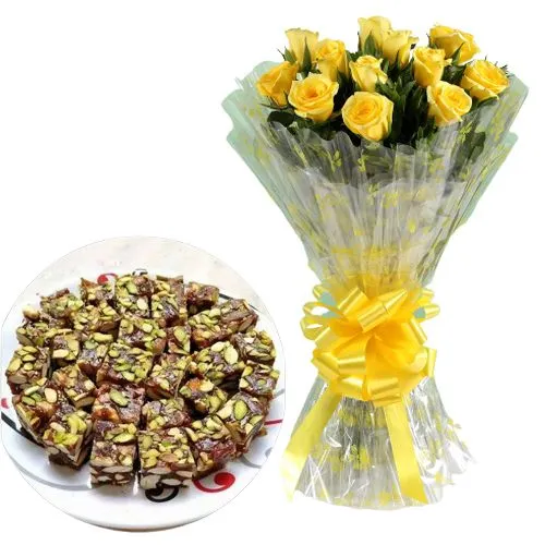 Radiant Yellow Roses with Khajur Pak from Shree Mithai Chennai