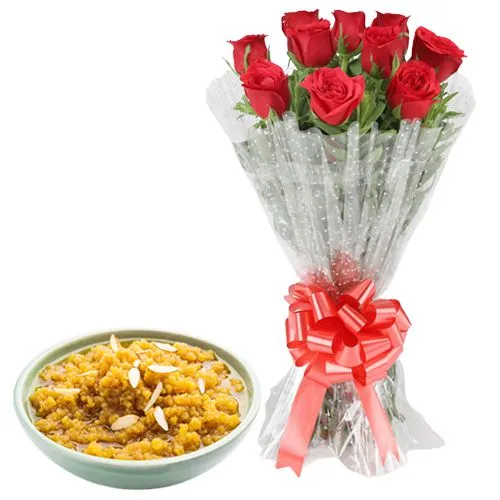 Beautiful Red Roses Bunch with Moong Dal Halwa from Shree Mithai Chennai