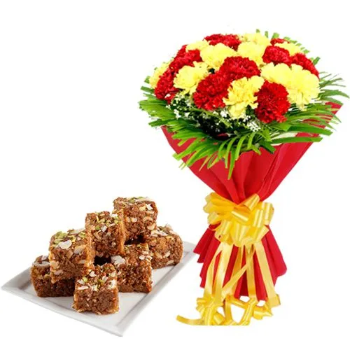 Magical Red N Yellow Carnations with Dodha Burfi from Ananda Bhawan Chennai