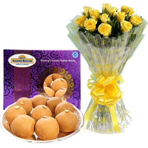 Bright Yellow Roses with Besan Laddu from Ananda Bhawan Chennai
