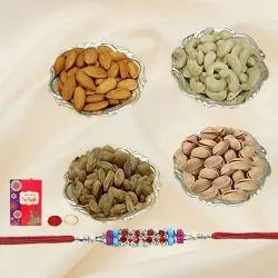 Assorted Dry Fruits Gift Hamper in Silver Bowl with Free Rakhi, Roli Tilak and Chawal 
