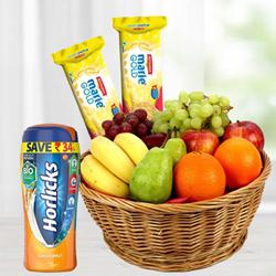 Fresh Fruits Basket with Horlicks and Biscuits