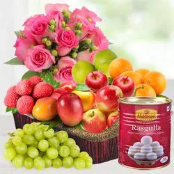 Deliver Fruits Basket, Haldiram Rasgulla N Rose Bouquet Online