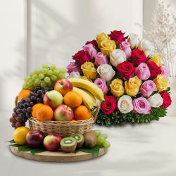 Marvelous Fresh Fruits Basket with Mixed Rose Arrangement