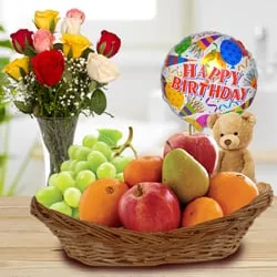 Fresh Fruits Basket with Roses, Mylar Balloons n Teddy
