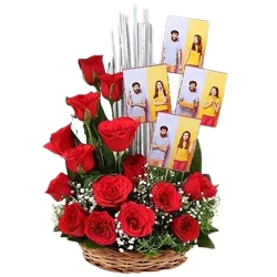 Magnificent Display of Red Roses n Personalized Pics in Basket