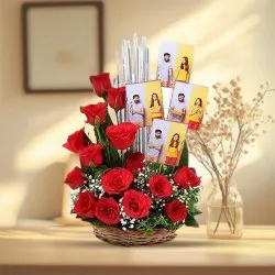 Magnificent Display of Red Roses n Personalized Pics in Basket