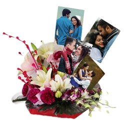 Amazing Display of Personalized Picture n Mixed Flowers in Basket