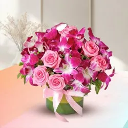 Exotic Pink Roses N Purple Orchids Arrangement