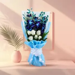 Elegant Blue Orchids N White Roses Tissue Wrapped Bouquet