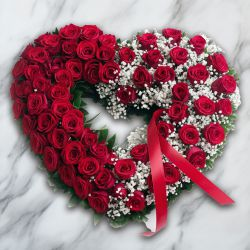 Designer Heart Shaped Arrangement of Red Rose with white Baby Breath fillers