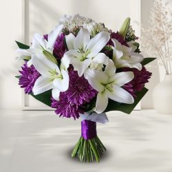 Majestic Bouquet of White Asiatic Lily with Purple Chrysanthemum