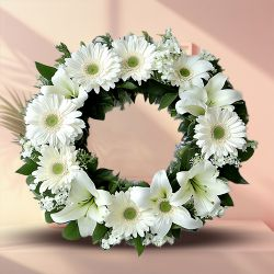 Beautiful White Gerberas N Lilies Wreath