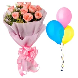Send Pink Roses with Balloons Online