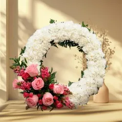 Buy Pink Roses and White Carnations Wreath Online