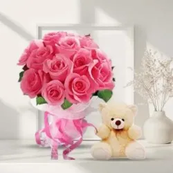 Order Pink Roses Bouquet with Cute Small Teddy Online