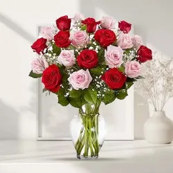 Shop Online Red N Pink Roses in a Glass Vase