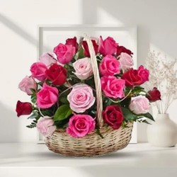 Breathtaking All for You 15 Pink N Red Roses in Basket Breathtaking All for You 15 Pink N Red Roses in Basket