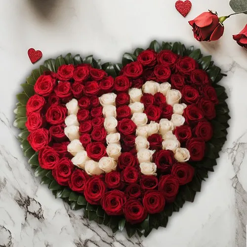 Attractive Red Rose Heart Shape Arrangement (Inscribed Alphabet as per choice)