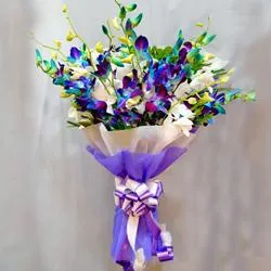 Special Blue n White Orchids Bouquet with Tissue Wrapping