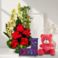 Glorious Combo of Fresh Flowers with Teddy n Cadbury Chocolates