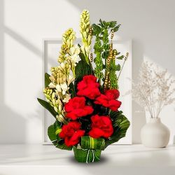 Blushing Arrangement of Red Roses n White Tube Roses