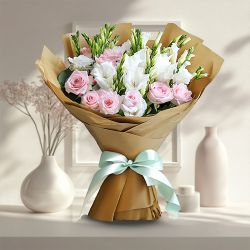 Delicate Pink Roses n White Gladiolus Bouquet