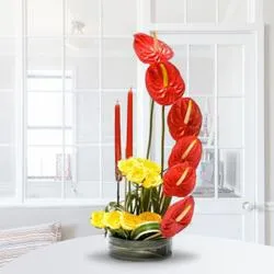 Designer Anthodium n Roses Arrangement with Candles