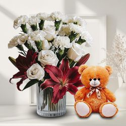 Artistic Flowers Display in Glass Vase with Cute Teddy