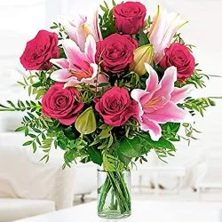 Order Seasonal Pink Lilies with Red Roses in Glass Vase Online