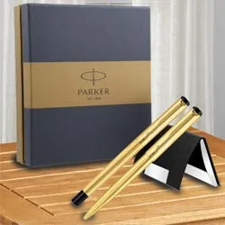 Admirable Luxury Gift Set of Parker Vector Gold Trim Roller n Ball Pen with Visiting Card Holder