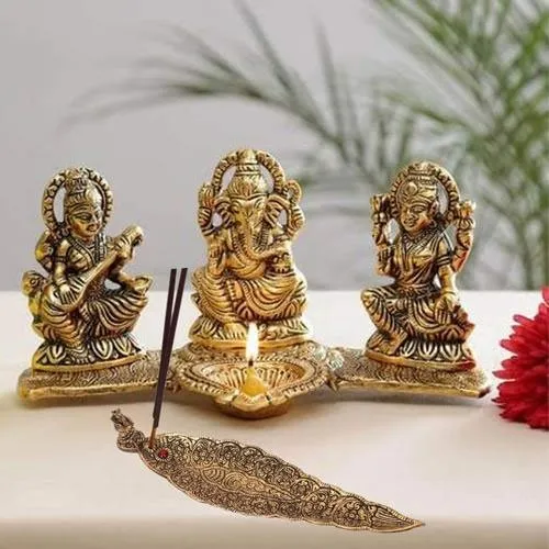 Auspicious Ganesha, Laxmi n Saraswari Idols with Diya  N  Agarbatti Stand for Mummy
