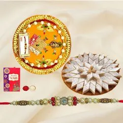 Delicious Kaju Katli and Designer Pooja Thali along Rakhi, Roli, Tilak and Chawal