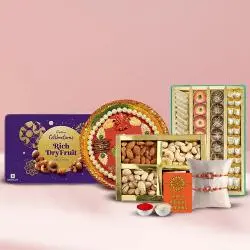 Cadbury Celebration Rich Dry Fruits Collection Tin, <font color=#FF0000>Haldiram</font>s Assorted Sweets, Assorted Dry Fruits, Rakhi Thali, Free Rakhi, Roli & Tilak
