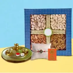 Special Gold Plated Thali with Dry Fruits and Rakhi