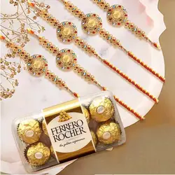 Appealing Rakhi Set of 5 with 16 pcs Ferrero Rocher Chocolates
