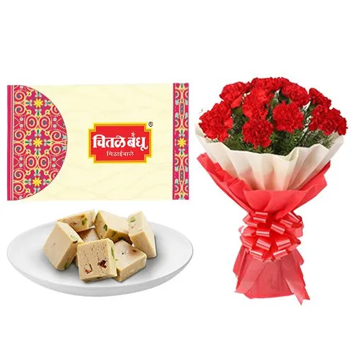 Badam Mewa from Chitale Bandhu Mithaiwale with Red Carnation Tissue Wrapped Bouquet